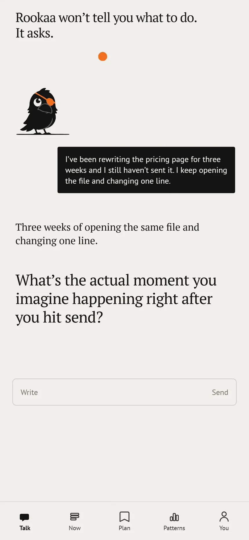 Rookaa’s Talk screen. Pip reflects the message in one line and asks what moment the person imagines right after they hit send.