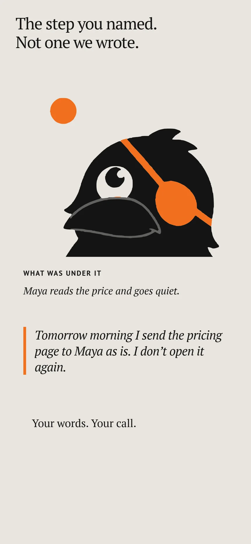 Rookaa’s step card. What was under it: Maya reads the price and goes quiet. The step, in the person’s words: tomorrow morning I send the pricing page to Maya as is.