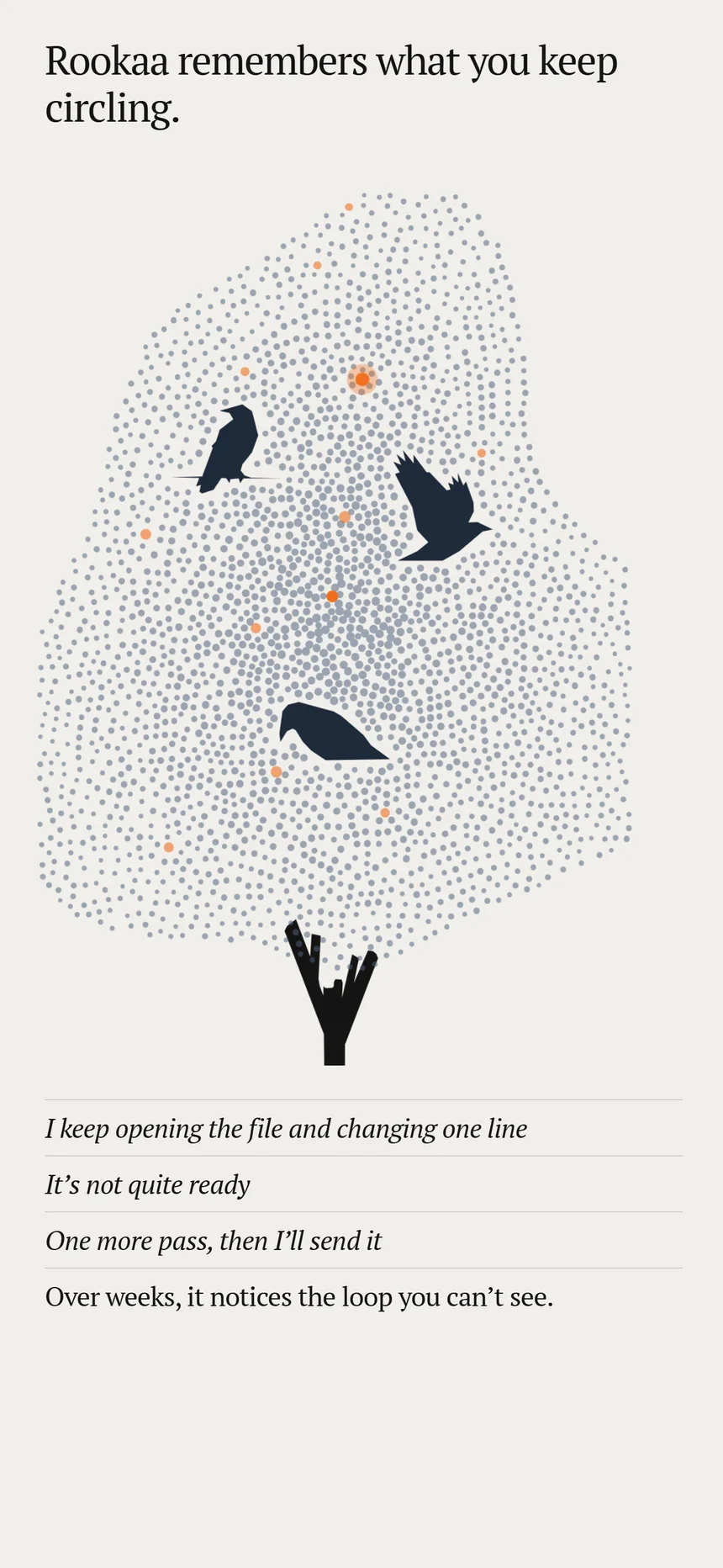 Rookaa’s Patterns screen. A tree made of small dots, with three phrases the person keeps coming back to.